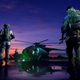 Soldiers walk toward a helicopter at sunset in Battlefield 2042.